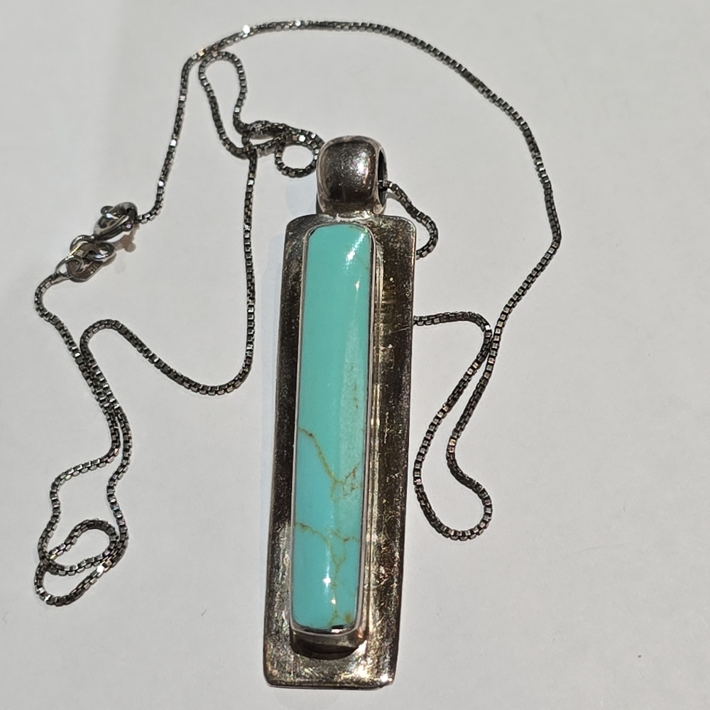 Vintage Mexico 925 Sterling Silver & Turquoise Pendant Necklace